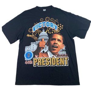 Barack Obama 44th President 2009 Victory T-Shirt Men's 2XL All Black Cotton EUC